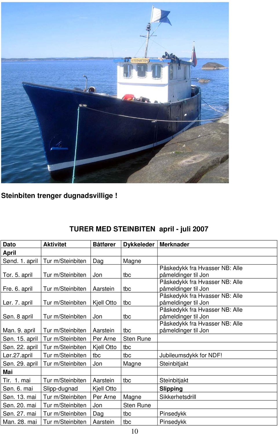 april Tur m/steinbiten Kjell Otto tbc Påskedykk fra Hvasser NB: Alle påmeldinger til Jon Søn. 8 april Tur m/steinbiten Jon tbc Påskedykk fra Hvasser NB: Alle påmeldinger til Jon Man. 9.