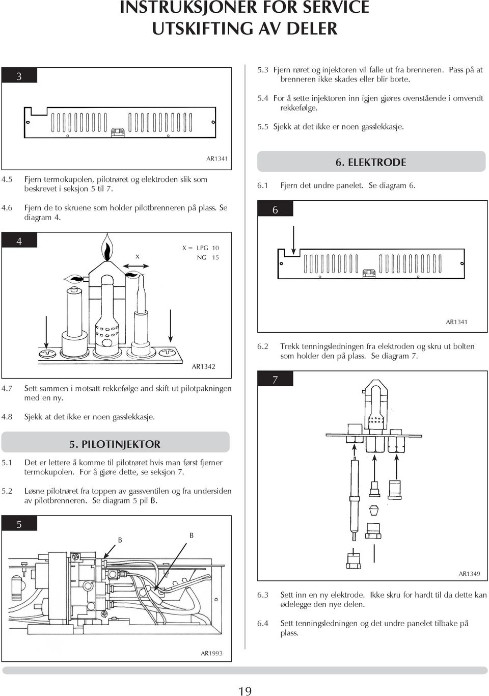 Se diagram 4. 6. ELEKTRODE 6.1 Fjern det undre panelet. Se diagram 6. 6 4 x X = LPG 10 NG 15 AR1341 6.2 Trekk tenningsledningen fra elektroden og skru ut bolten som holder den på plass. Se diagram 7.