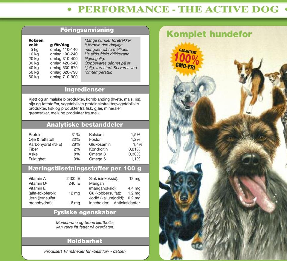 Komplet hundefor 100% GARANTERT GMO-FRI Protein 31% Olje & fettstoff 22% Karbohydrat (NFE) 28% Fiber 2% Aske 8% Fuktighet 9% Vitamin A Vitamin D 3 Vitamin E (alfa-tokoferol): Jern (jernsulfat