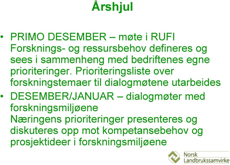 Prioriteringsliste over forskningstemaer til dialogmøtene utarbeides DESEMBER/JANUAR