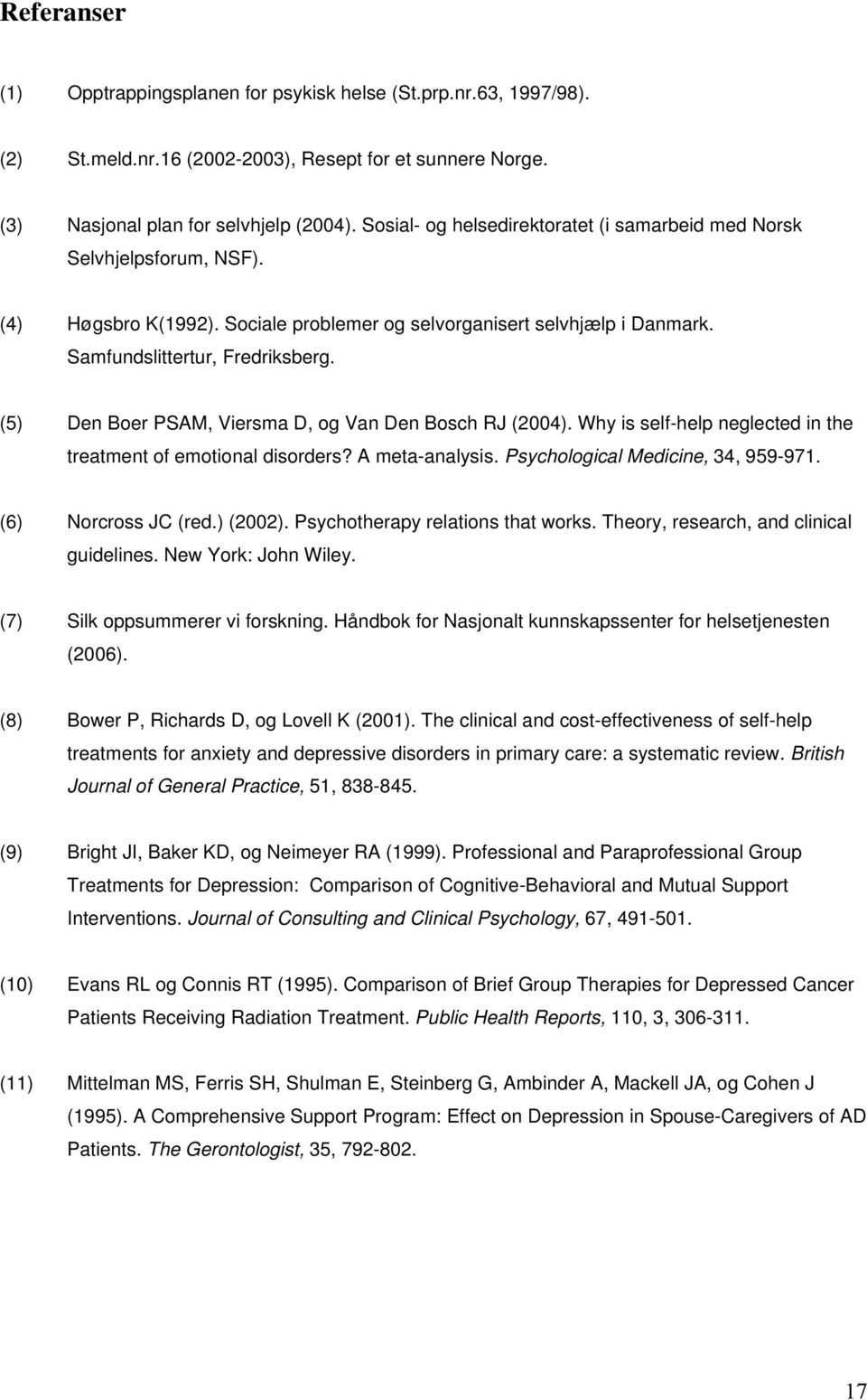 (5) Den Boer PSAM, Viersma D, og Van Den Bosch RJ (2004). Why is self-help neglected in the treatment of emotional disorders? A meta-analysis. Psychological Medicine, 34, 959-971.