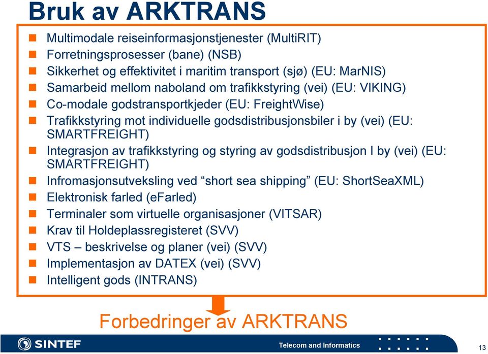 Integrasjon av trafikkstyring og styring av godsdistribusjon I by (vei) (EU: SMARTFREIGHT) Infromasjonsutveksling ved short sea shipping (EU: ShortSeaXML) Elektronisk farled (efarled)