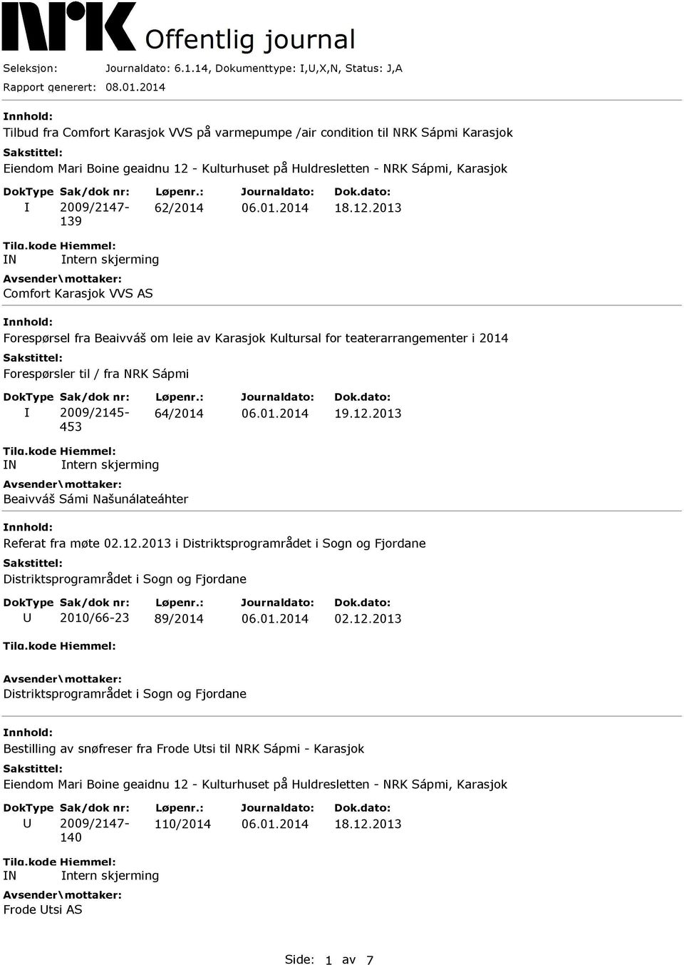 kode Hiemmel: N ntern skjerming Comfort Karasjok WS AS Forespørsel fra BeaivvåS om leie av Karasjok Kultursal for teaterarrangementer i 2014 Forespørsler til / fra NRK Såpmi 2009/2145-64/2014 19.12.