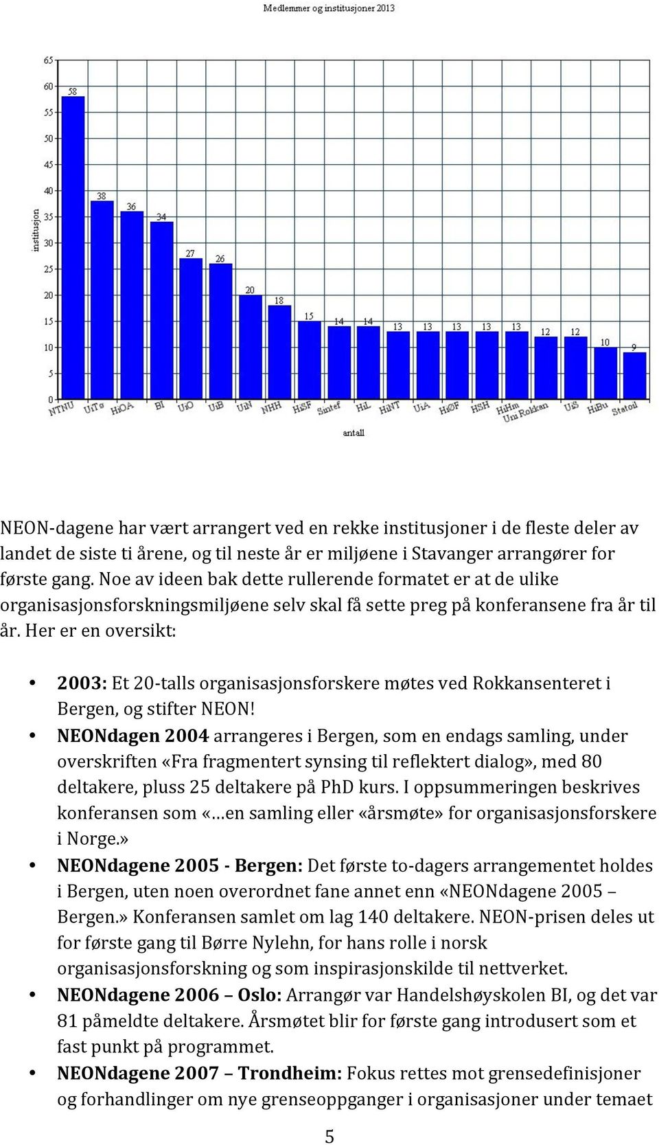 Her er en oversikt: 2003: Et 20- talls organisasjonsforskere møtes ved Rokkansenteret i Bergen, og stifter NEON!