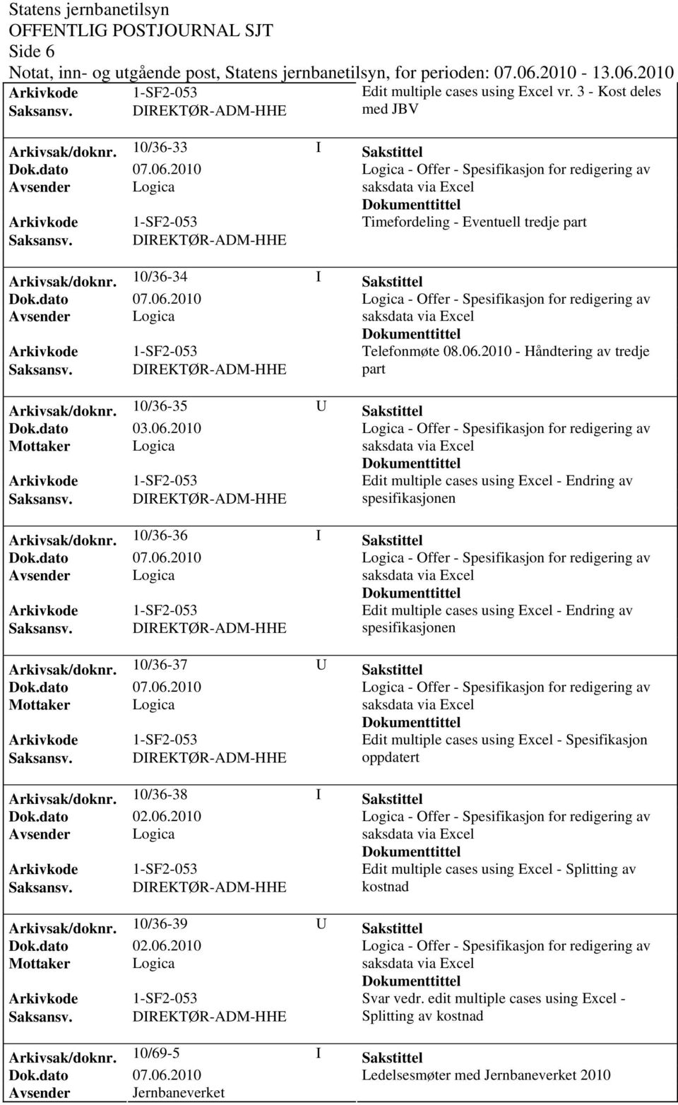 DIREKTØR-ADM-HHE Arkivsak/dok0/36-34 I Sakstittel Logica - Offer - Spesifikasjon for redigering av Avsender Logica saksdata via Excel Telefonmøte 08.06.2010 - Håndtering av tredje Saksansv.