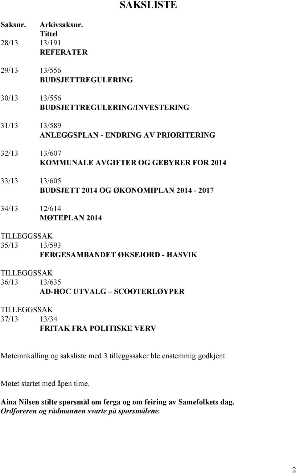 KOMMUNALE AVGIFTER OG GEBYRER FOR 2014 33/13 13/605 BUDSJETT 2014 OG ØKONOMIPLAN 2014-2017 34/13 12/614 MØTEPLAN 2014 TILLEGGSSAK 35/13 13/593 FERGESAMBANDET ØKSFJORD -