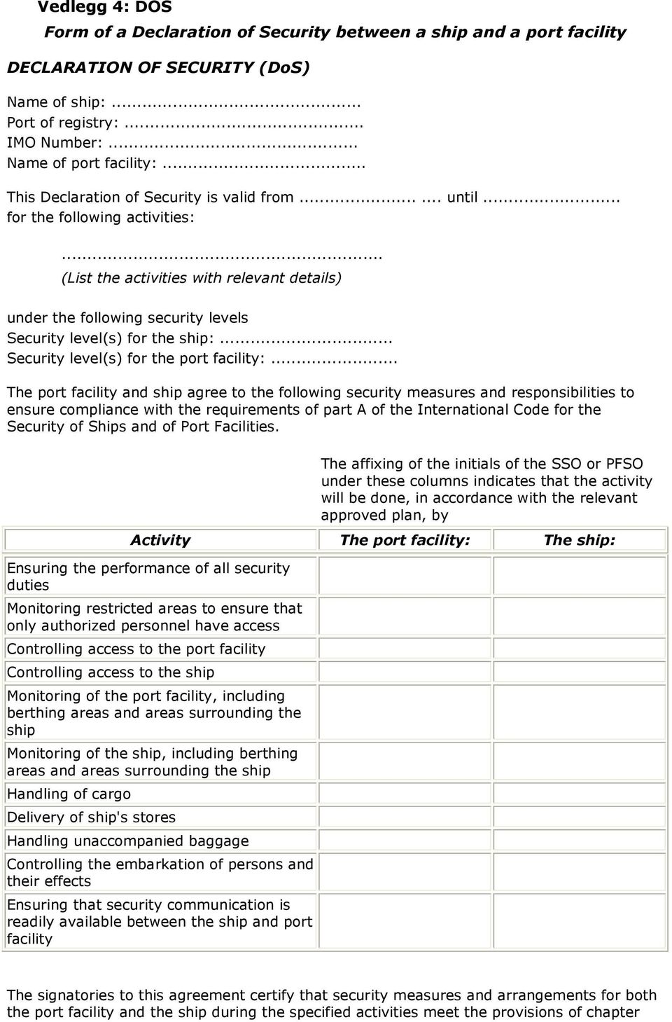 .. (List the activities with relevant details) under the following security levels Security level(s) for the ship:... Security level(s) for the port facility:.