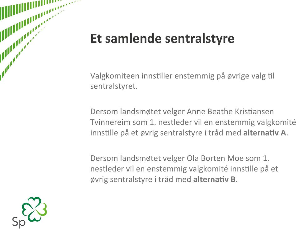 nestleder vil en enstemmig valgkomité innsdlle på et øvrig sentralstyre i tråd med alterna:v A.