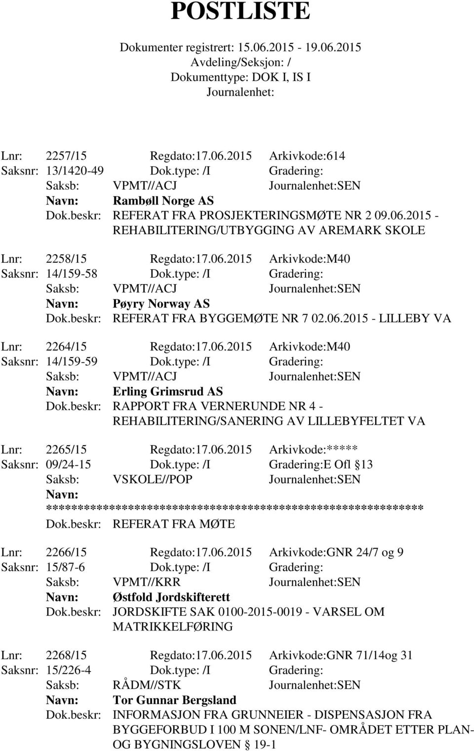 type: /I Gradering: Saksb: VPMT//ACJ SEN Navn: Erling Grimsrud AS Dok.beskr: RAPPORT FRA VERNERUNDE NR 4 - REHABILITERING/SANERING AV LILLEBYFELTET VA Lnr: 2265/15 Regdato:17.06.