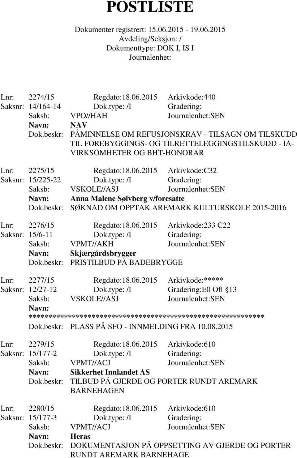 2015 Arkivkode:C32 Saksnr: 15/225-22 Dok.type: /I Gradering: Saksb: VSKOLE//ASJ SEN Navn: Anna Malene Sølvberg v/foresatte Dok.beskr: SØKNAD OM OPPTAK AREMARK KULTURSKOLE Lnr: 2276/15 Regdato:18.06.