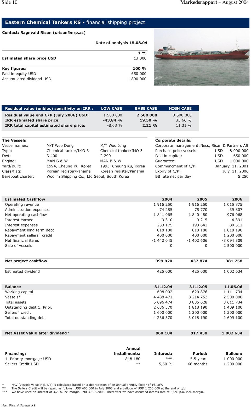 Residual value end C/P (July 2006) USD: 1 500 000 2 500 000 3 500 000 IRR estimated share price: -43,84 % 19,50 % 33,66 % IRR total capital estimated share price: -8,63 % 2,2 11,3 The Vessels Vessel