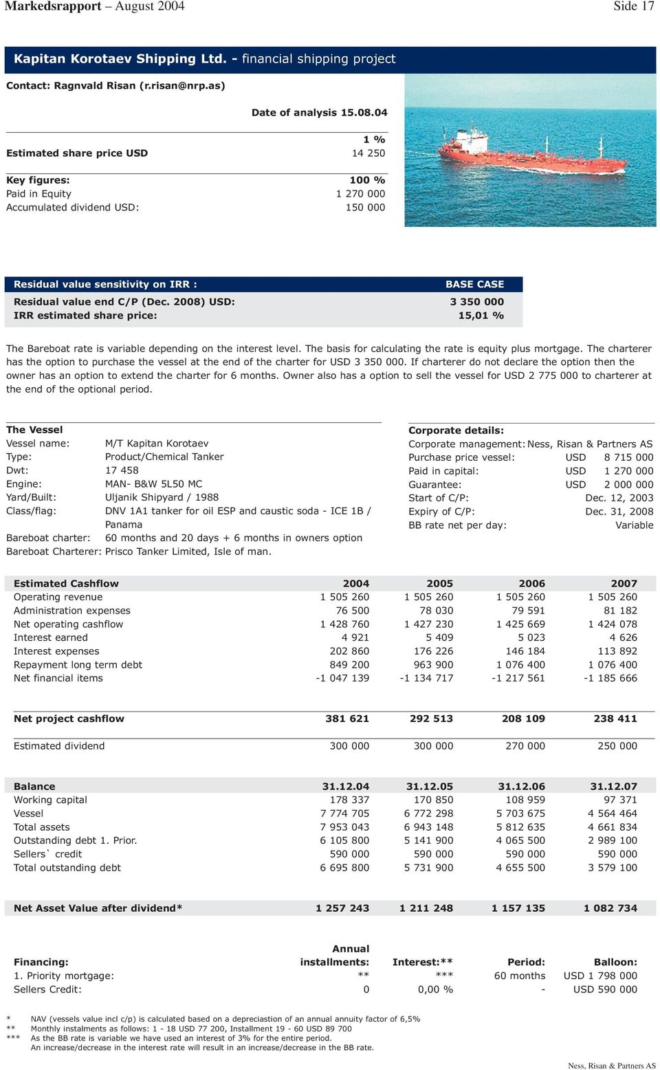 2008) USD: 3 350 000 IRR estimated share price: 15,0 The Bareboat rate is variable depending on the interest level. The basis for calculating the rate is equity plus mortgage.