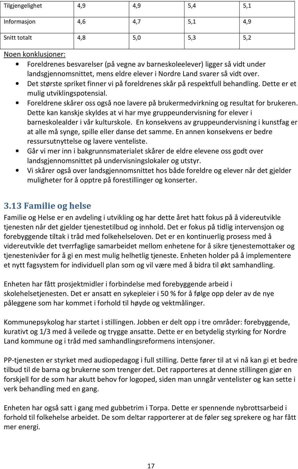 Foreldrene skårer oss også noe lavere på brukermedvirkning og resultat for brukeren. Dette kan kanskje skyldes at vi har mye gruppeundervisning for elever i barneskolealder i vår kulturskole.