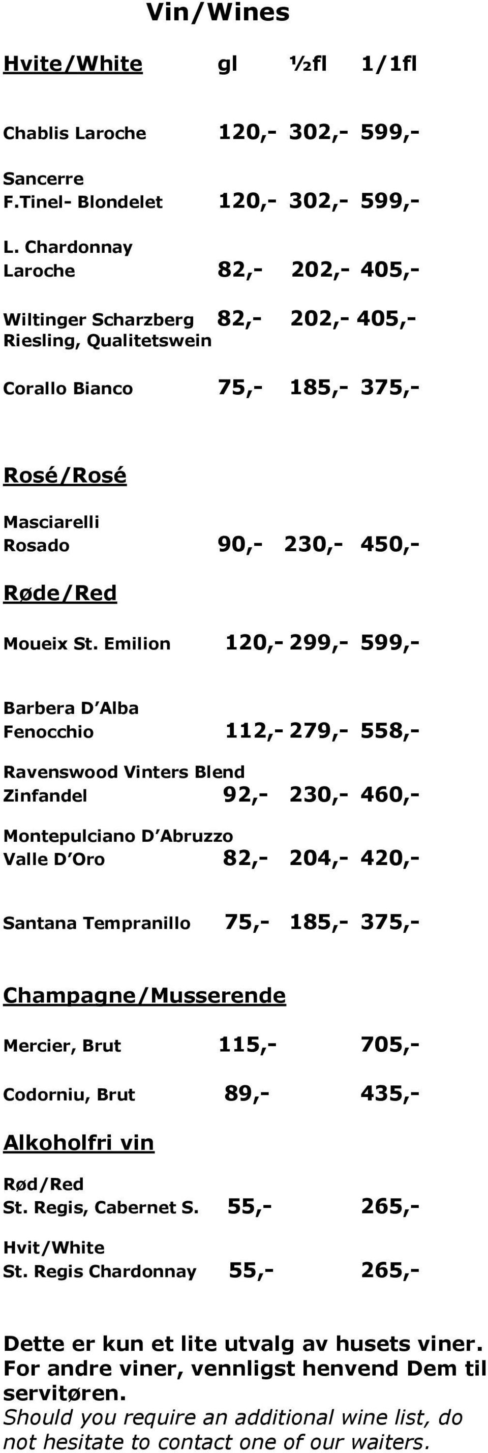 Emilion 120,- 299,- 599,- Barbera D Alba Fenocchio 112,- 279,- 558,- Ravenswood Vinters Blend Zinfandel 92,- 230,- 460,- Montepulciano D Abruzzo Valle D Oro 82,- 204,- 420,- Santana Tempranillo 75,-