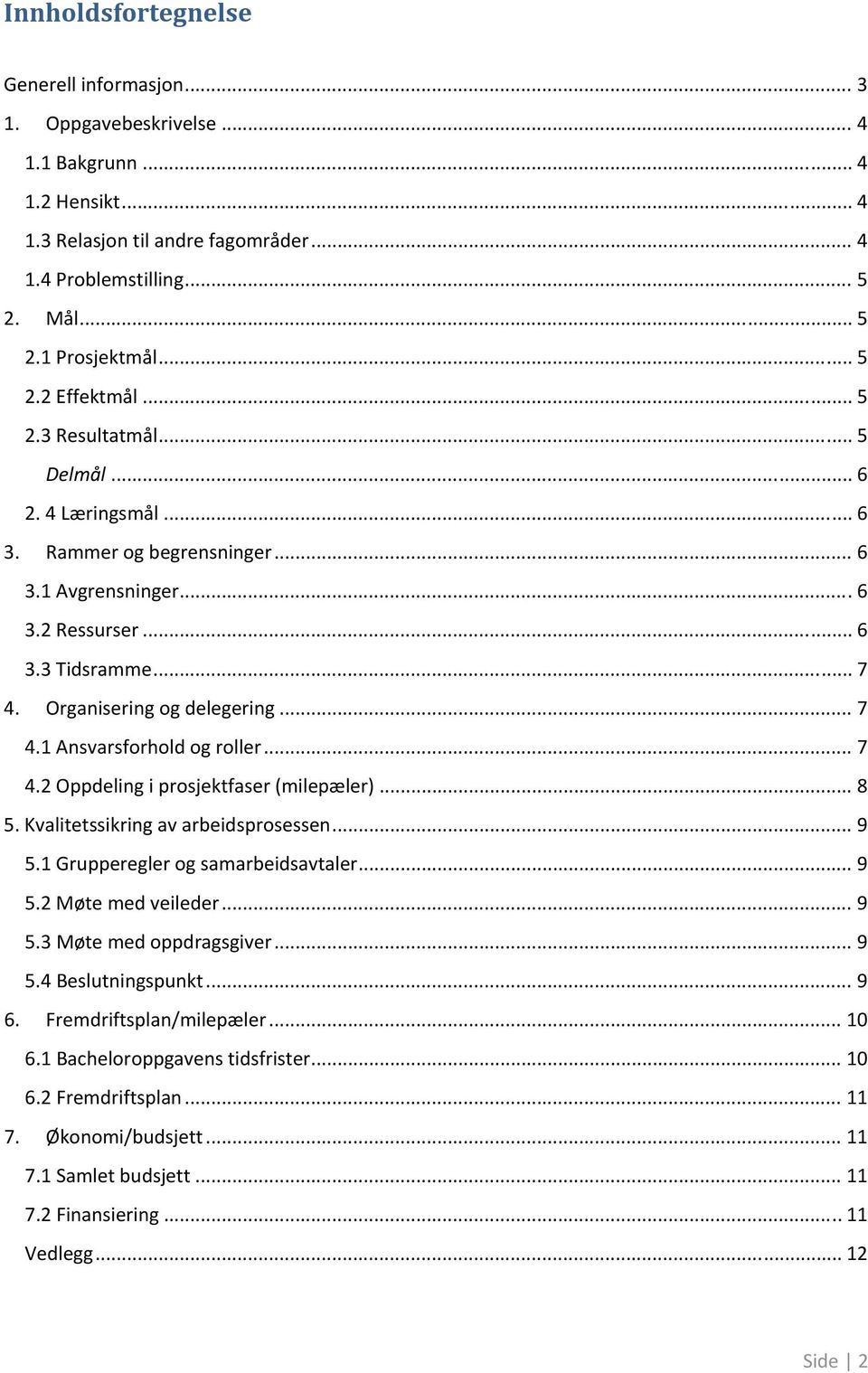 Organisering og delegering... 7 4.1 Ansvarsforhold og roller... 7 4.2 Oppdeling i prosjektfaser (milepæler)... 8 5. Kvalitetssikring av arbeidsprosessen... 9 5.1 Grupperegler og samarbeidsavtaler.