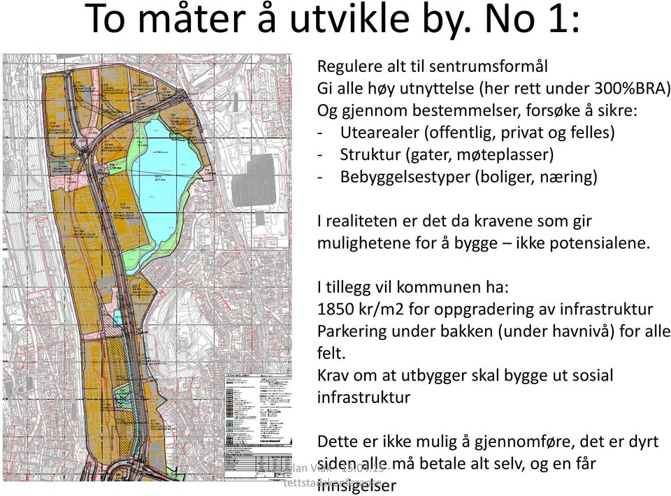 privat og felles) - Struktur (gater, møteplasser) - Bebyggelsestyper (boliger, næring) I realiteten er det da kravene som gir mulighetene for å bygge ikke