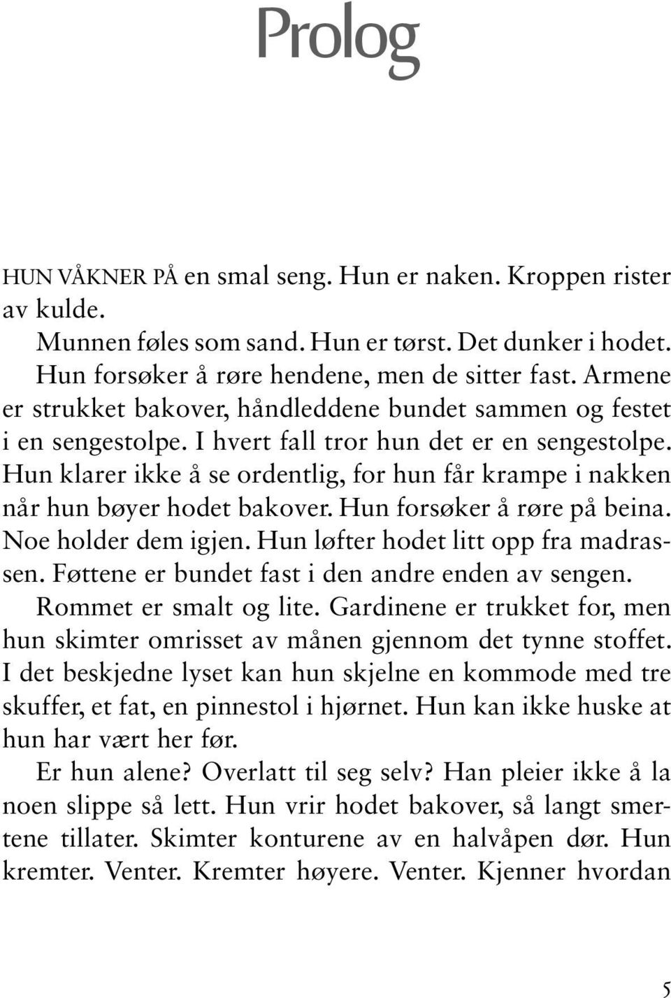 Hun klarer ikke å se ordentlig, for hun får krampe i nakken når hun bøyer hodet bakover. Hun forsøker å røre på beina. Noe holder dem igjen. Hun løfter hodet litt opp fra madrassen.