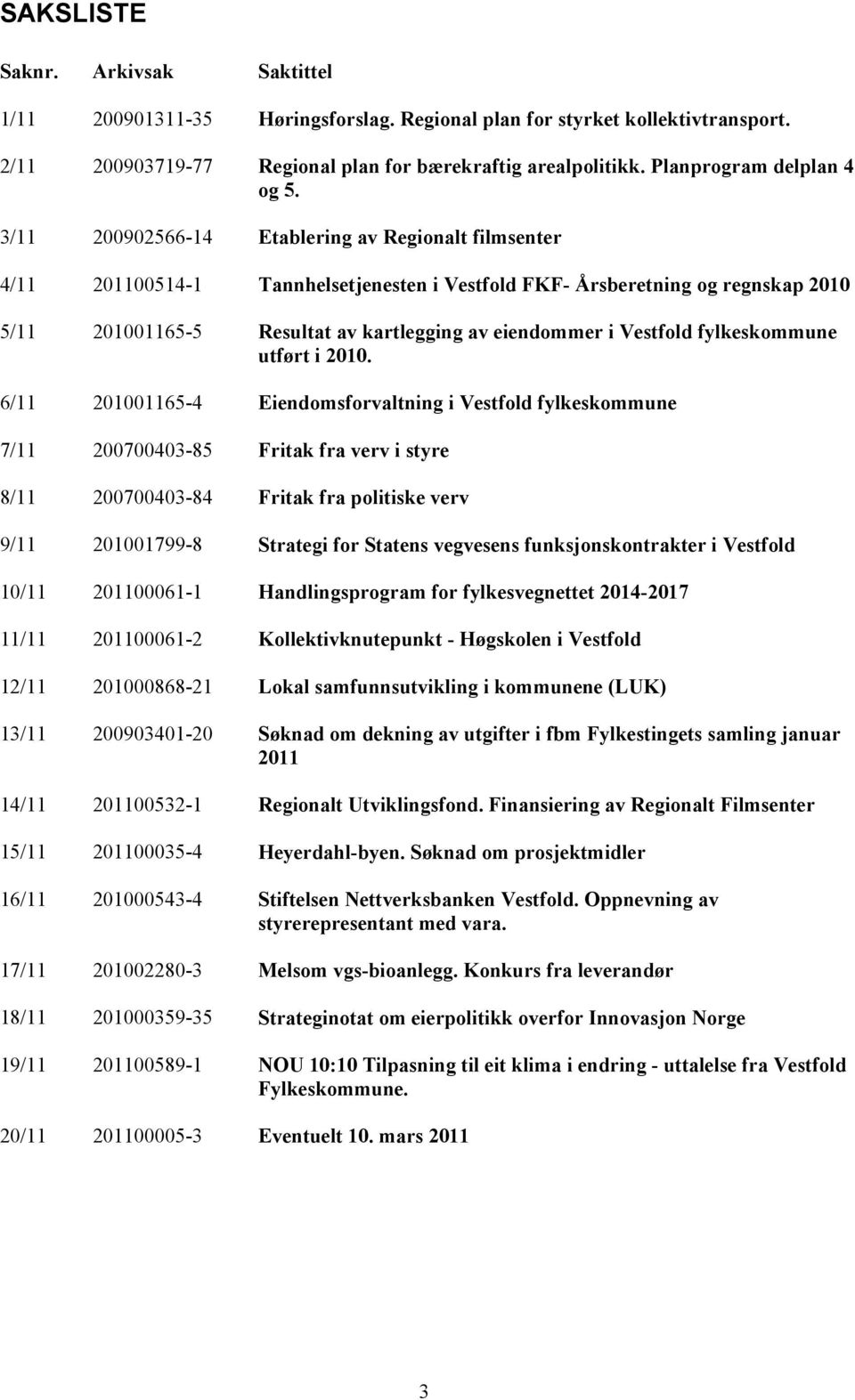 3/11 200902566-14 Etablering av Regionalt filmsenter 4/11 201100514-1 Tannhelsetjenesten i Vestfold FKF- Årsberetning og regnskap 2010 5/11 201001165-5 Resultat av kartlegging av eiendommer i