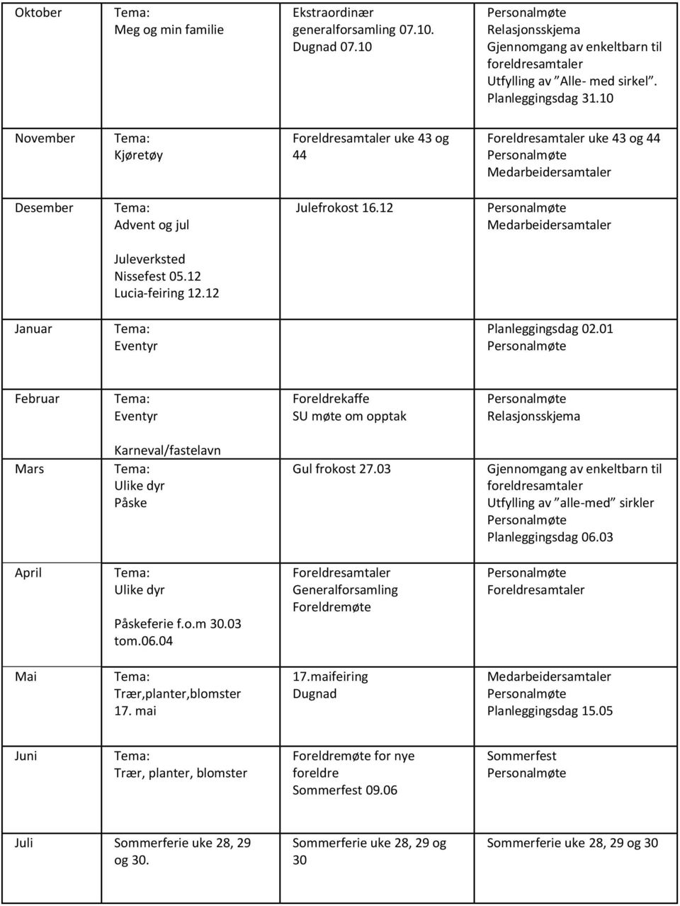 12 Personalmøte Medarbeidersamtaler Juleverksted Nissefest 05.12 Lucia-feiring 12.12 Januar Tema: Eventyr Planleggingsdag 02.