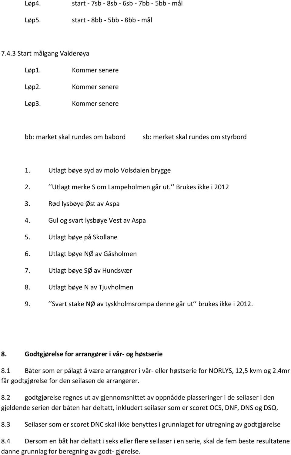 Brukes ikke i 2012 3. Rød lysbøye Øst av Aspa 4. Gul og svart lysbøye Vest av Aspa 5. Utlagt bøye på Skollane 6. Utlagt bøye NØ av Gåsholmen 7. Utlagt bøye SØ av Hundsvær 8.