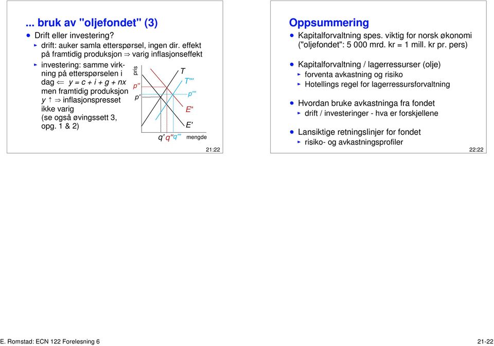 øvingssett 3, opg. 1 & 2) pris p'' p' q' q'' q''' T T''' p''' E'' E' mengde 21:22 Oppsummering Kapitalforvaltning spes. viktig for norsk økonomi ("oljefondet": 5 000 mrd. kr = 1 mill. kr pr.