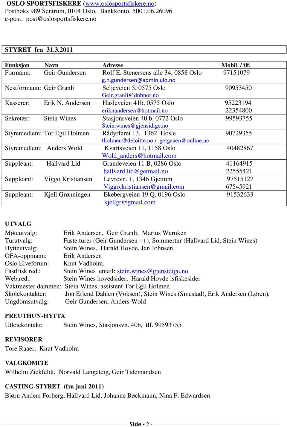 Andersen Hasleveien 41b, 0575 Oslo 95223194 eriknandersen@hotmail.no 22354800 Sekretær: Stein Wines Stasjonsveien 40 b, 0772 Oslo 99593755 Stein.wines@gjensidige.