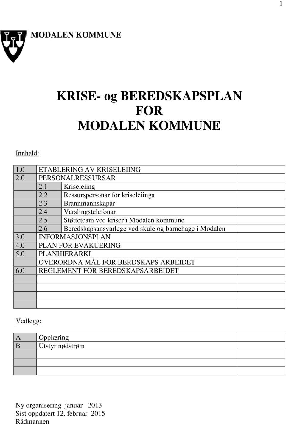 6 Beredskapsansvarlege ved skule og barnehage i Modalen 3.0 INFORMASJONSPLAN 4.0 PLAN FOR EVAKUERING 5.