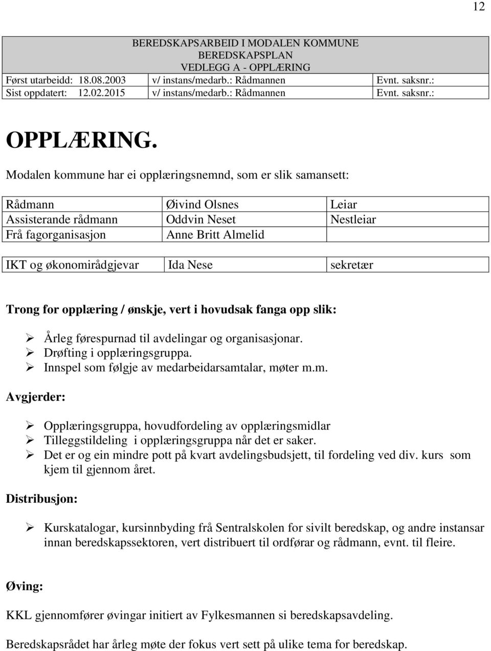 Ida Nese sekretær Trong for opplæring / ønskje, vert i hovudsak fanga opp slik: Årleg førespurnad til avdelingar og organisasjonar. Drøfting i opplæringsgruppa.