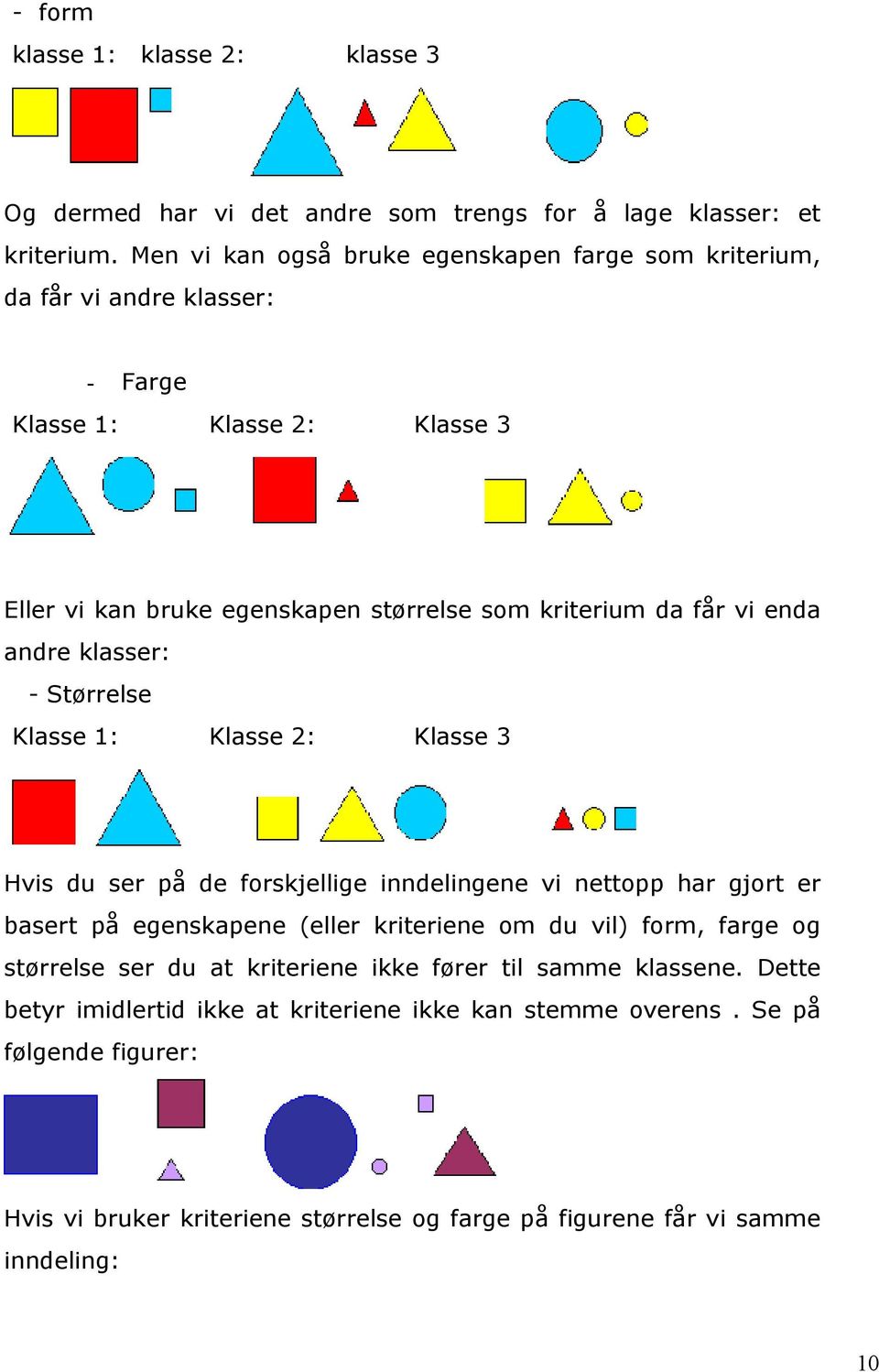 enda andre klasser: - Størrelse Klasse 1: Klasse 2: Klasse 3 Hvis du ser på de forskjellige inndelingene vi nettopp har gjort er basert på egenskapene (eller kriteriene om du vil)