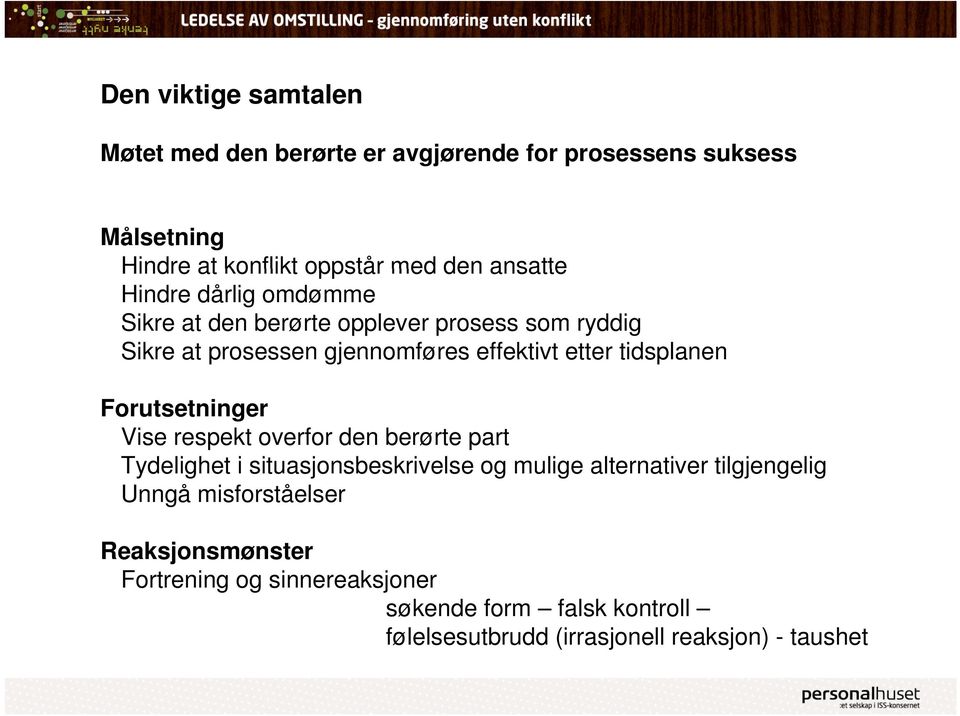 tidsplanen Forutsetninger Vise respekt overfor den berørte part Tydelighet i situasjonsbeskrivelse og mulige alternativer