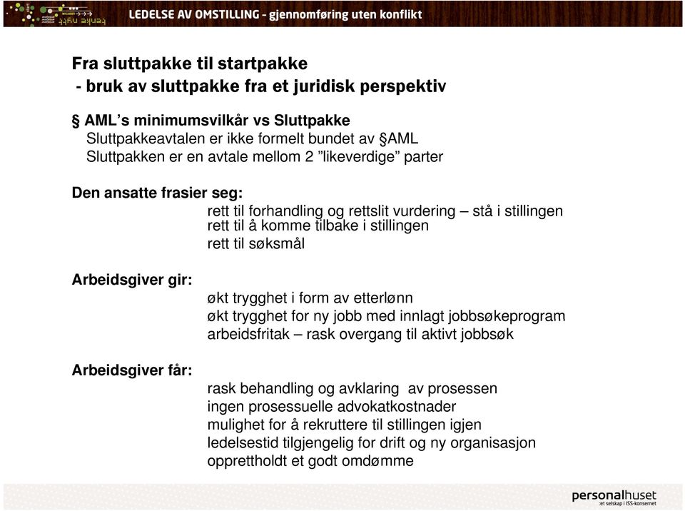 Arbeidsgiver gir: Arbeidsgiver får: økt trygghet i form av etterlønn økt trygghet for ny jobb med innlagt jobbsøkeprogram arbeidsfritak rask overgang til aktivt jobbsøk rask