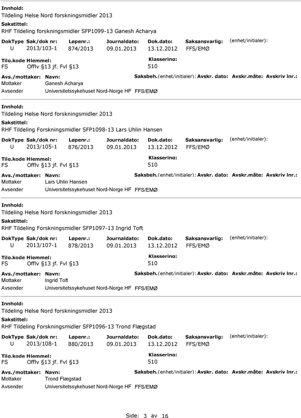 Hansen RHF Tildeling Forskningsmidler SFP1097-13 ngrid Toft 2013/107-1 878/2013 Mottaker ngrid Toft RHF