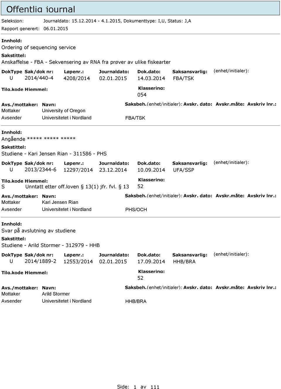 : Mottaker niversity of Oregon niversitetet i Nordland FBA/TK Angående ***** ***** ***** tudiene - Kari Jensen Rian - 311586 - H 2013/2344-6 12297/2014 10.09.2014 FA/ nntatt etter off.loven 13(1) jfr.