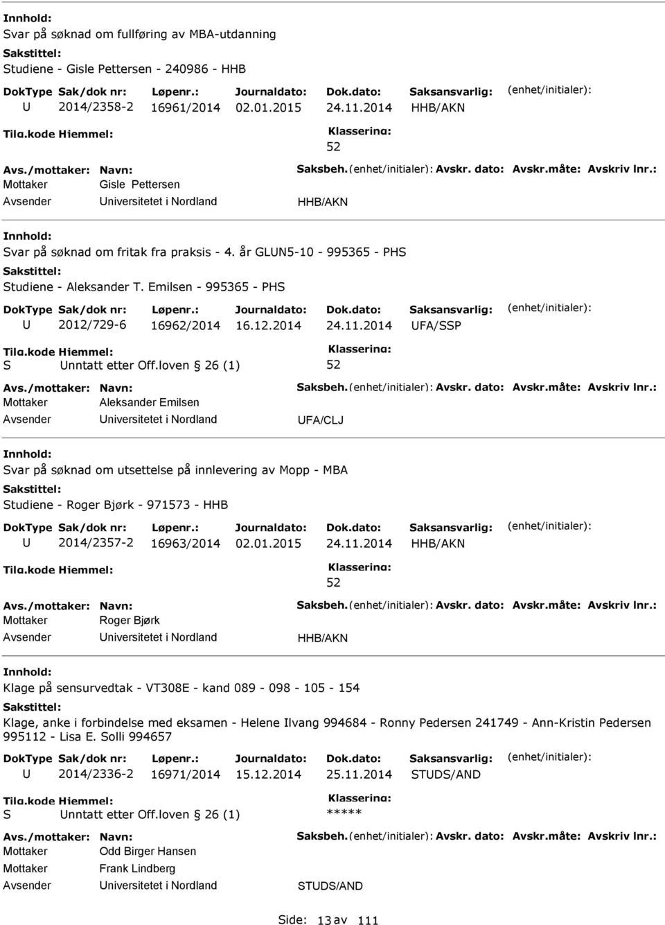 2014 FA/ nntatt etter Off.loven 26 (1) Avs./mottaker: Navn: aksbeh. Avskr. dato: Avskr.måte: Avskriv lnr.