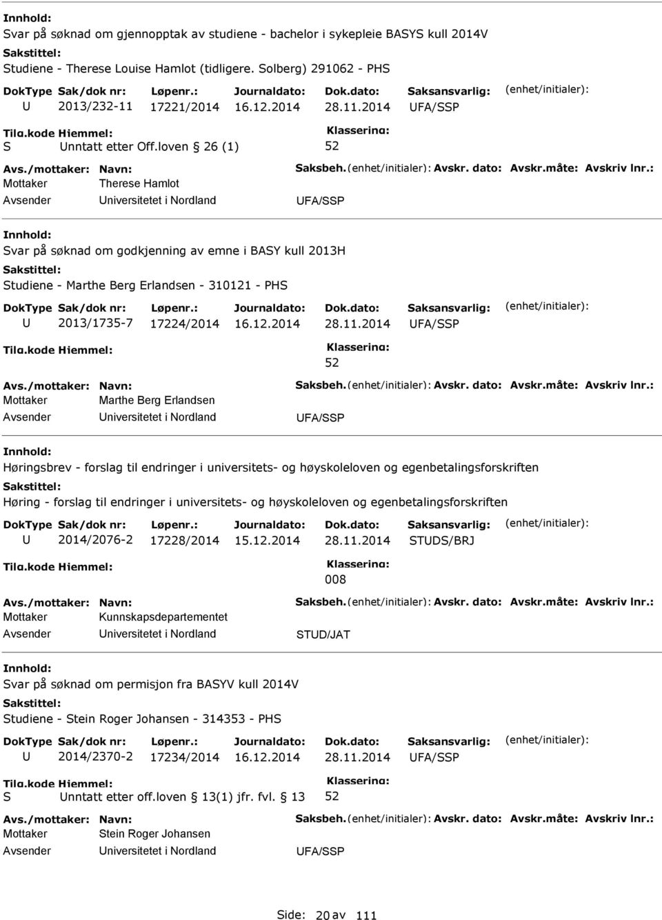 : Mottaker Therese Hamlot niversitetet i Nordland FA/ var på søknad om godkjenning av emne i BAY kull 2013H tudiene - Marthe Berg Erlandsen - 310121 - H 2013/1735-7 17224/2014 28.11.2014 FA/ Avs.