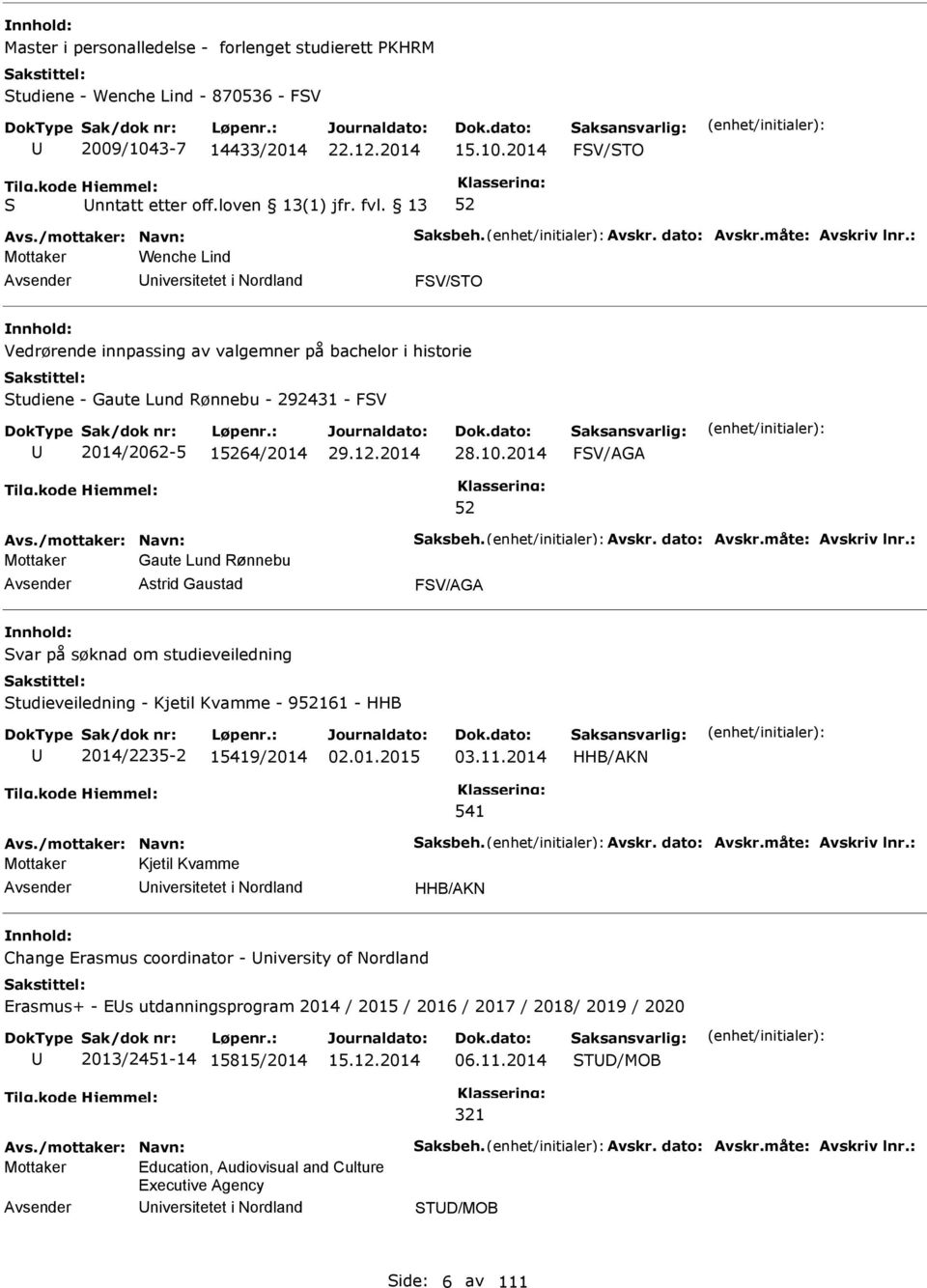 : Mottaker Wenche Lind niversitetet i Nordland FV/TO Vedrørende innpassing av valgemner på bachelor i historie tudiene - Gaute Lund Rønnebu - 292431 - FV 2014/2062-5 164/2014 29.12.2014 28.10.