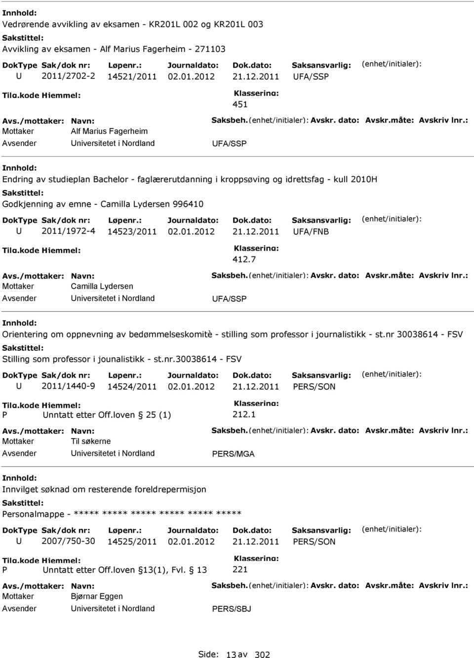 2011 FA/P 451 Alf Marius Fagerheim niversitetet i Nordland FA/P Endring av studieplan Bachelor - faglærerutdanning i kroppsøving og idrettsfag - kull 2010H Godkjenning av emne - Camilla Lydersen