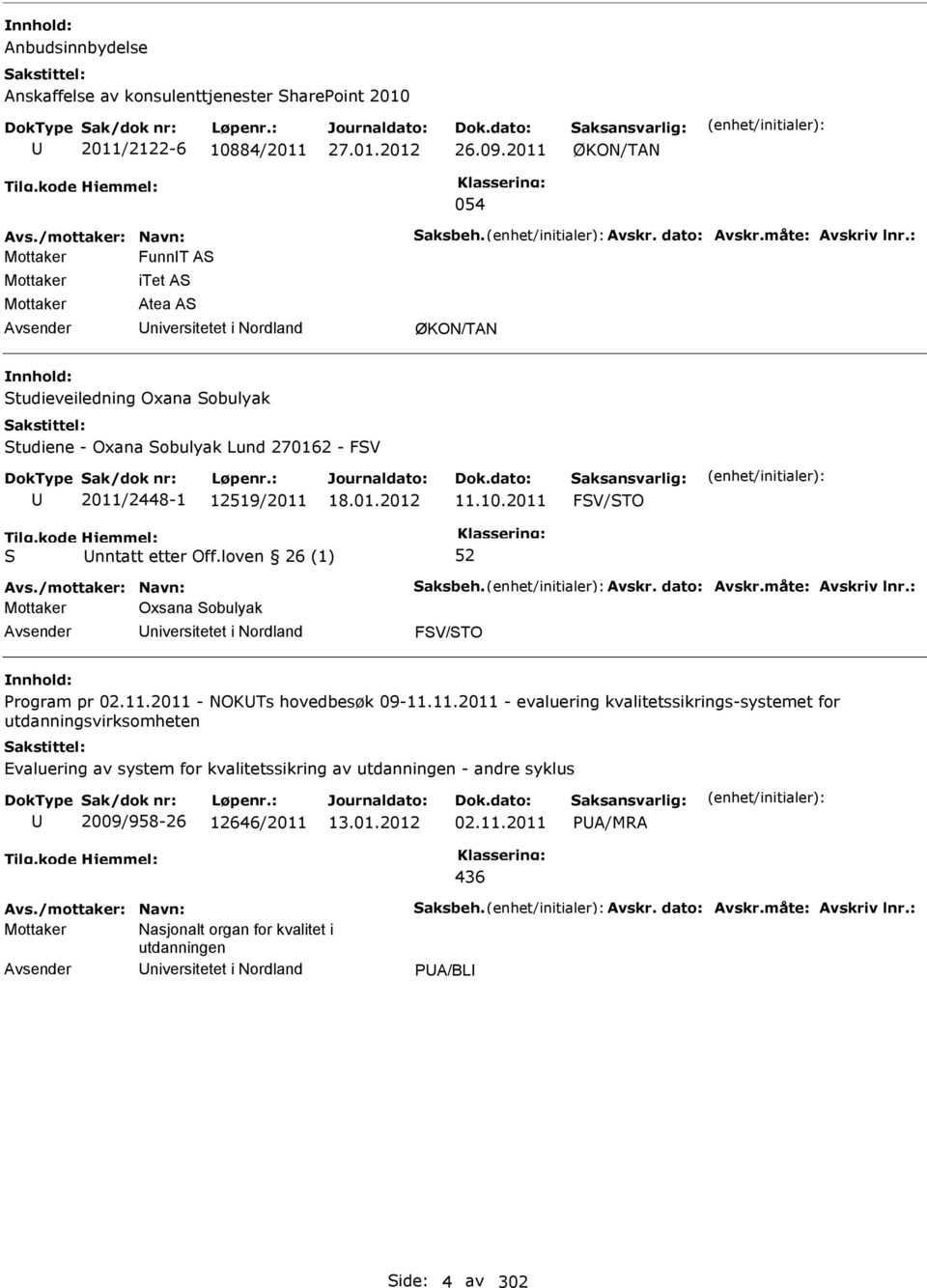 10.2011 FV/TO nntatt etter Off.loven 26 (1) 52 Oxsana obulyak niversitetet i Nordland FV/TO Program pr 02.11.2011 - NOKTs hovedbesøk 09-11.11.2011 - evaluering kvalitetssikrings-systemet for utdanningsvirksomheten Evaluering av system for kvalitetssikring av utdanningen - andre syklus 2009/958-26 12646/2011 13.