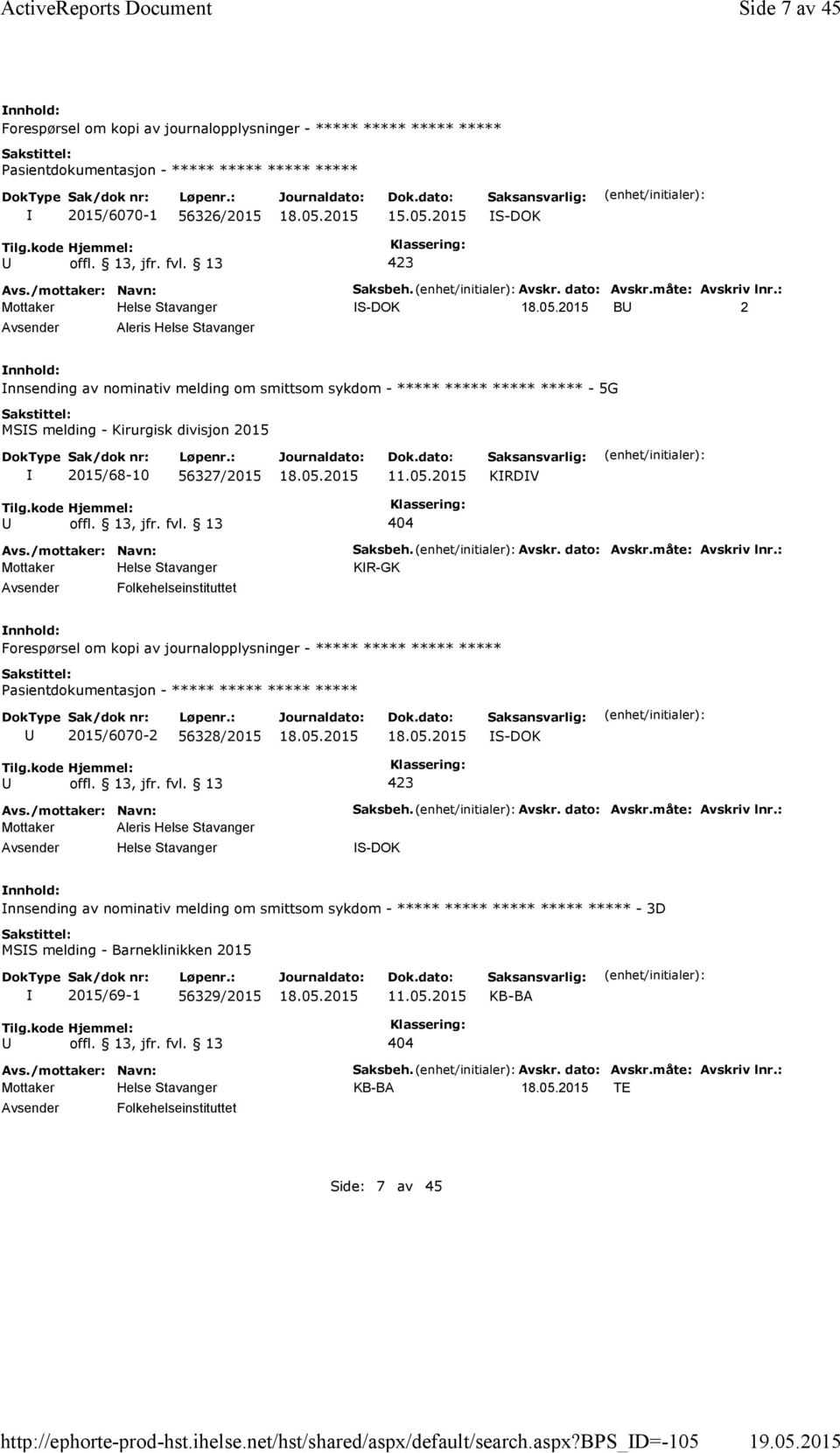 : S-DOK B 2 Aleris Helse Stavanger nnsending av nominativ melding om smittsom sykdom - ***** ***** ***** ***** - 5G MSS melding - Kirurgisk divisjon 2015 2015/68-10 56327/2015 11.05.