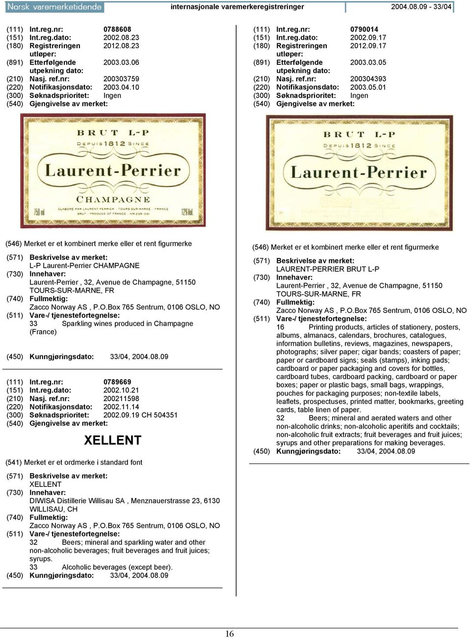 03.05 utpekning dato: (210) Nasj. ref.nr: 200304393 (220) Notifikasjonsdato: 2003.05.01 (300) Søknadsprioritet: Ingen L-P Laurent-Perrier CHAMPAGNE Laurent-Perrier, 32, Avenue de Champagne, 51150 TOURS-SUR-MARNE, FR Zacco Norway AS, P.