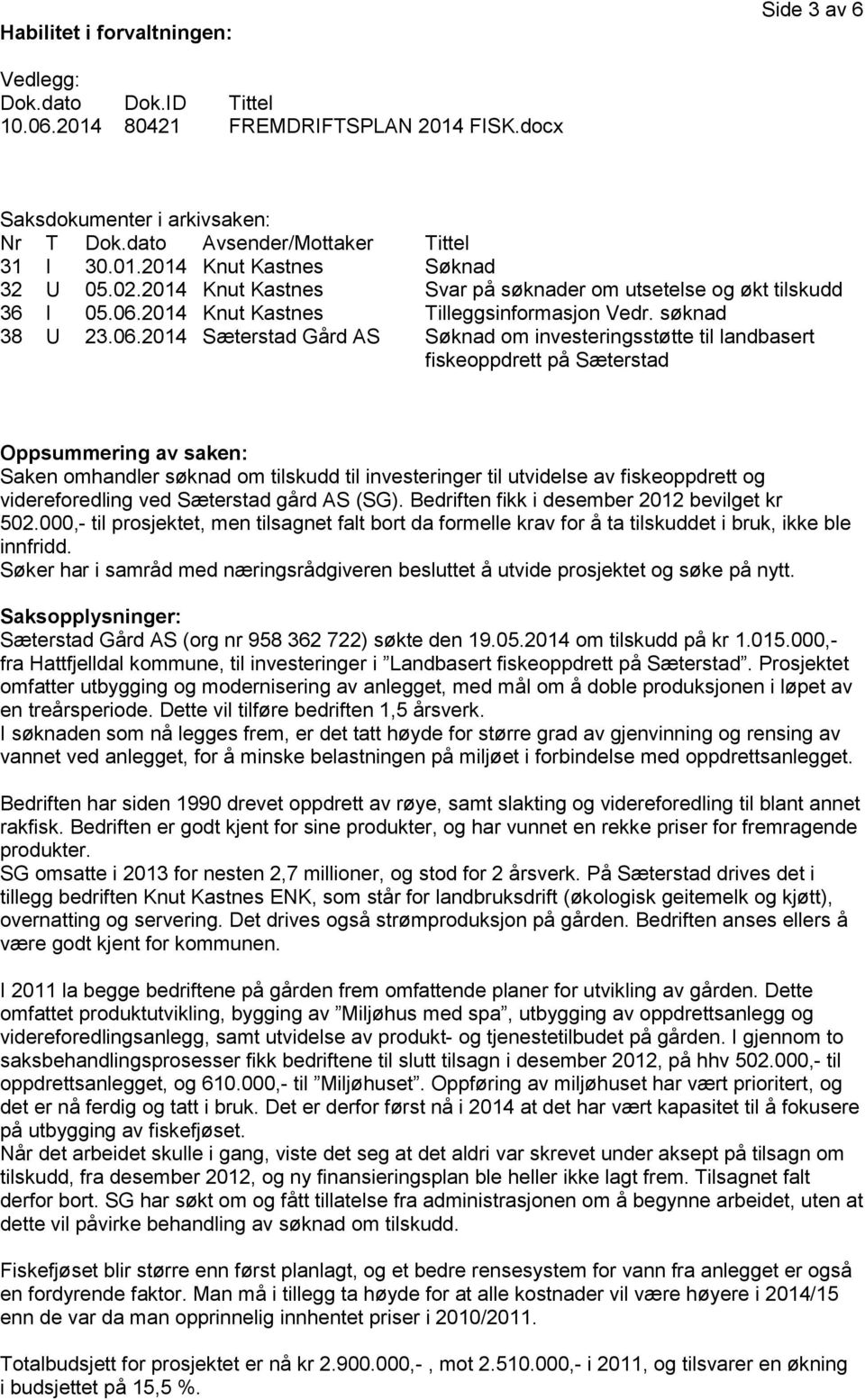 2014 Knut Kastnes Tilleggsinformasjon Vedr. søknad 38 U 23.06.