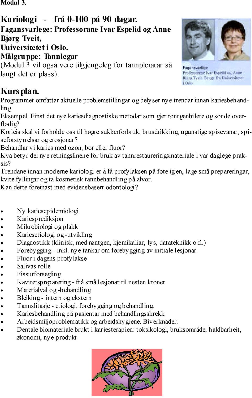 Programmet omfattar aktuelle problemstillingar og belyser nye trendar innan kariesbehandling. Eksempel: Finst det nye kariesdiagnostiske metodar som gjer rønt genbilete og sonde overflødig?