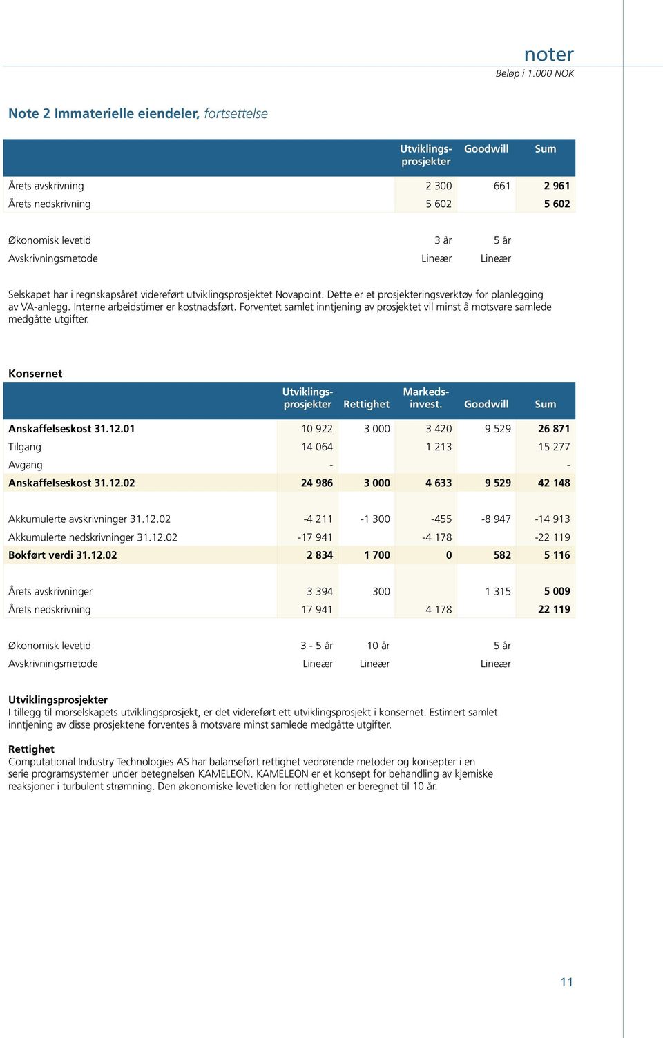 Forventet samlet inntjening av prosjektet vil minst å motsvare samlede medgåtte utgifter. Utviklingsprosjekter Rettighet Markedsinvest. Goodwill Sum Anskaffelseskost 31.12.