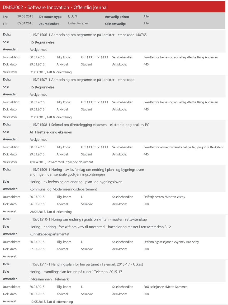 2015 Arkivdel: Student I, 15/01508-1 Søknad om tilrettelegging eksamen - ekstra tid opg bruk av PC AF Tilrettelegging eksamen Fakultet for allmennvitenskapelige fag /Ingrid R Bakkeland Dok. dato: 29.