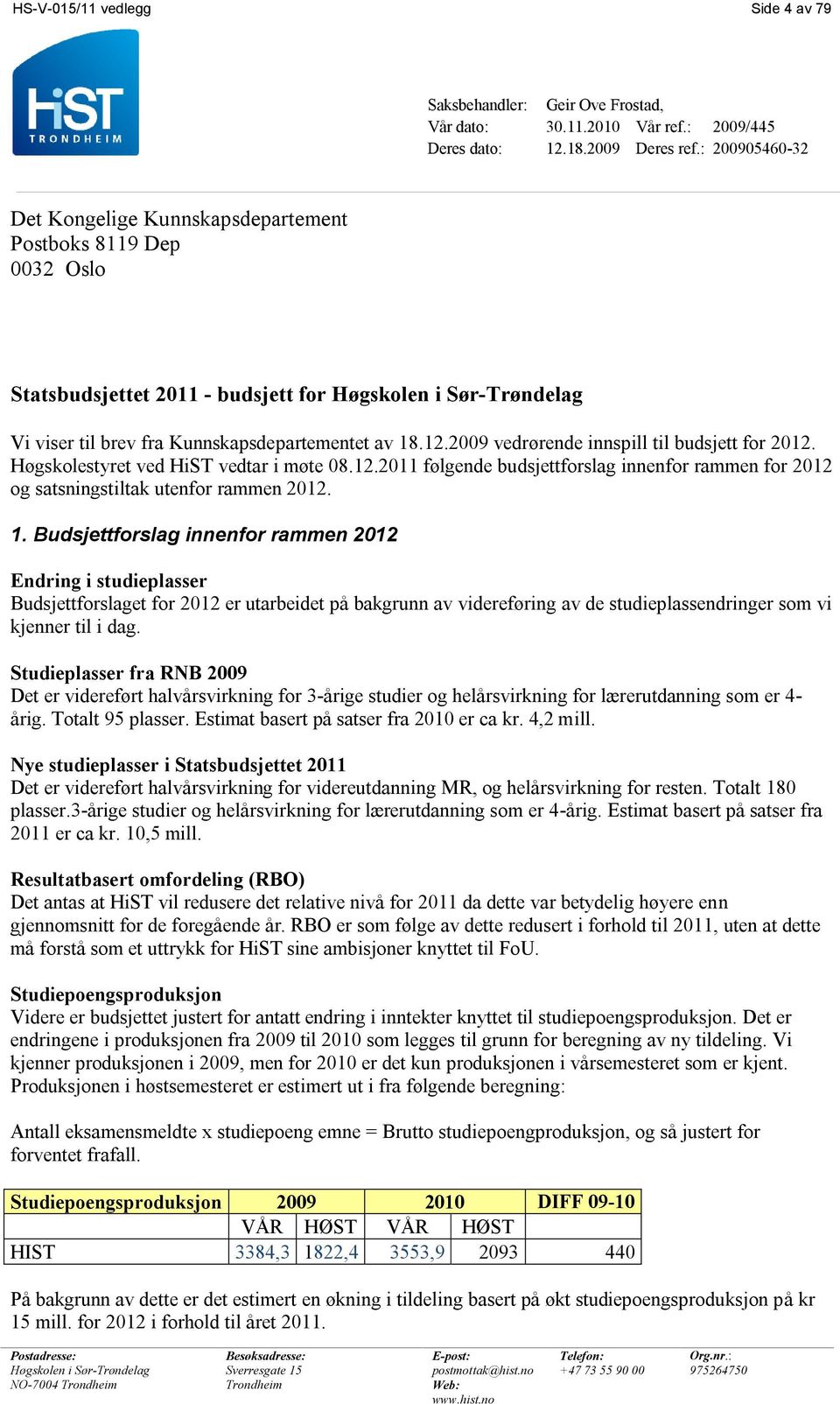 2009 vedrørende innspill til budsjett for 2012. Høgskolestyret ved HiST vedtar i møte 08.12.2011 følgende budsjettforslag innenfor rammen for 2012 og satsningstiltak utenfor rammen 2012. 1.