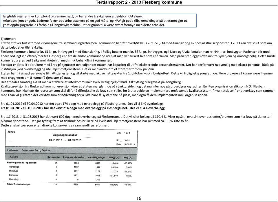 Det er grunn til å være svært fornøyd med dette arbeidet. Tjenester: Etaten strever fortsatt med virkningene fra samhandlingsreformen. Kommunen har fått overført kr. 3.261.