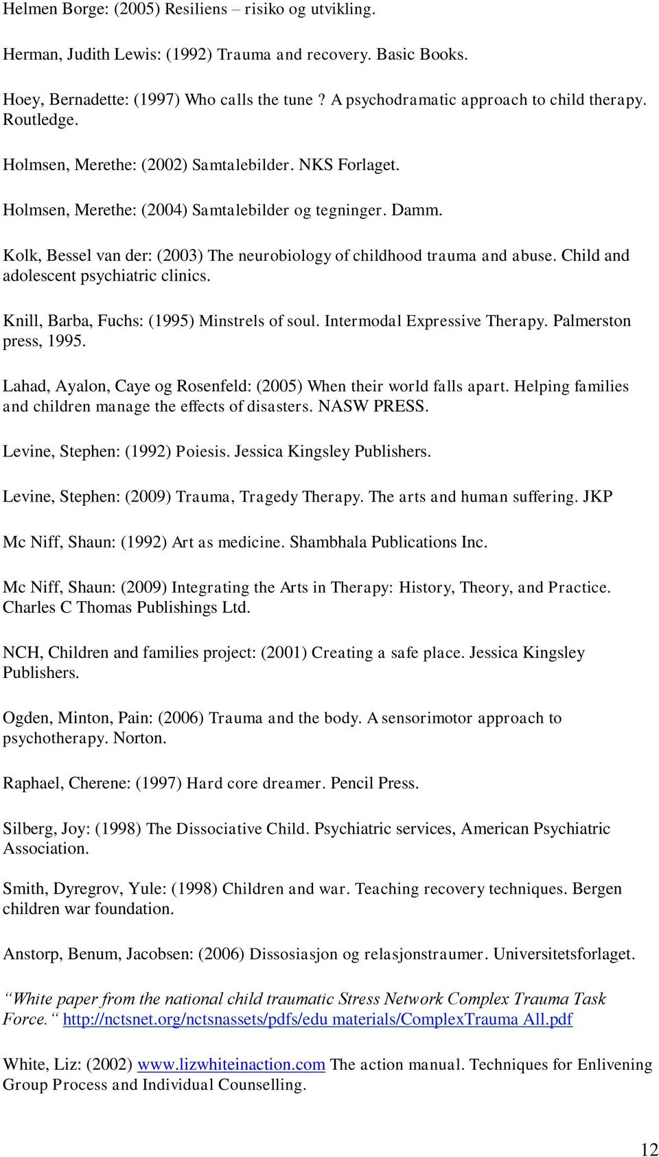 Kolk, Bessel van der: (2003) The neurobiology of childhood trauma and abuse. Child and adolescent psychiatric clinics. Knill, Barba, Fuchs: (1995) Minstrels of soul. Intermodal Expressive Therapy.