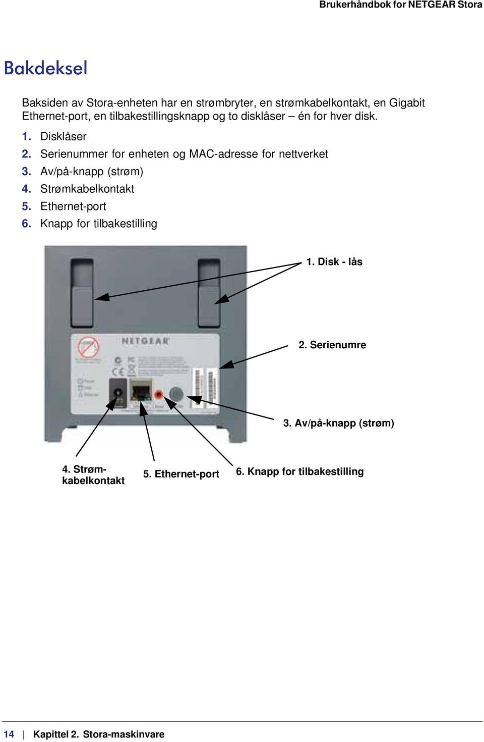 Serienummer for enheten og MAC-adresse for nettverket 3. Av/på-knapp (strøm) 4. Strømkabelkontakt 5. Ethernet-port 6.