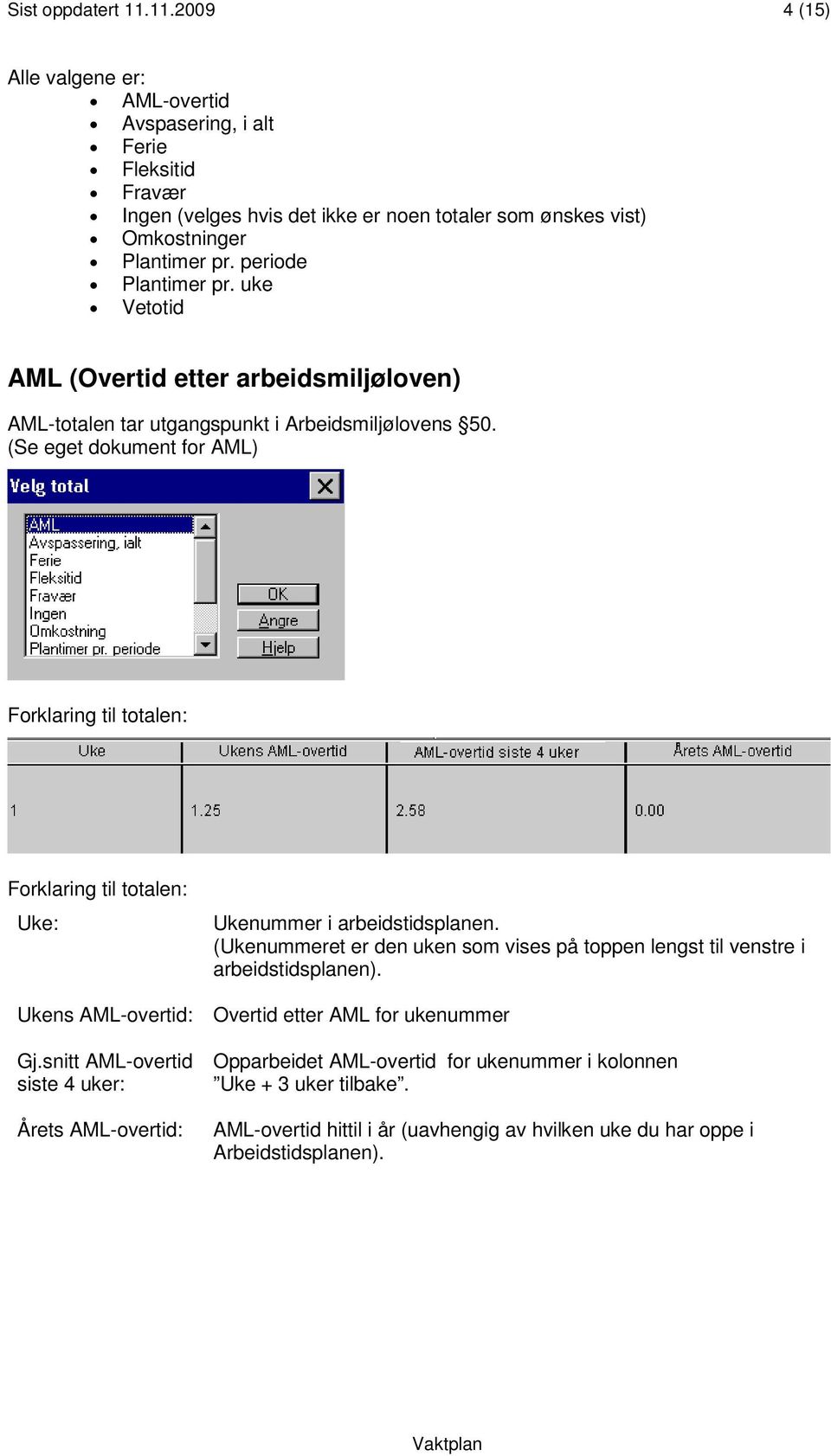 (Se eget dokument for AML) Forklaring til totalen: Forklaring til totalen: Uke: Ukenummer i arbeidstidsplanen.