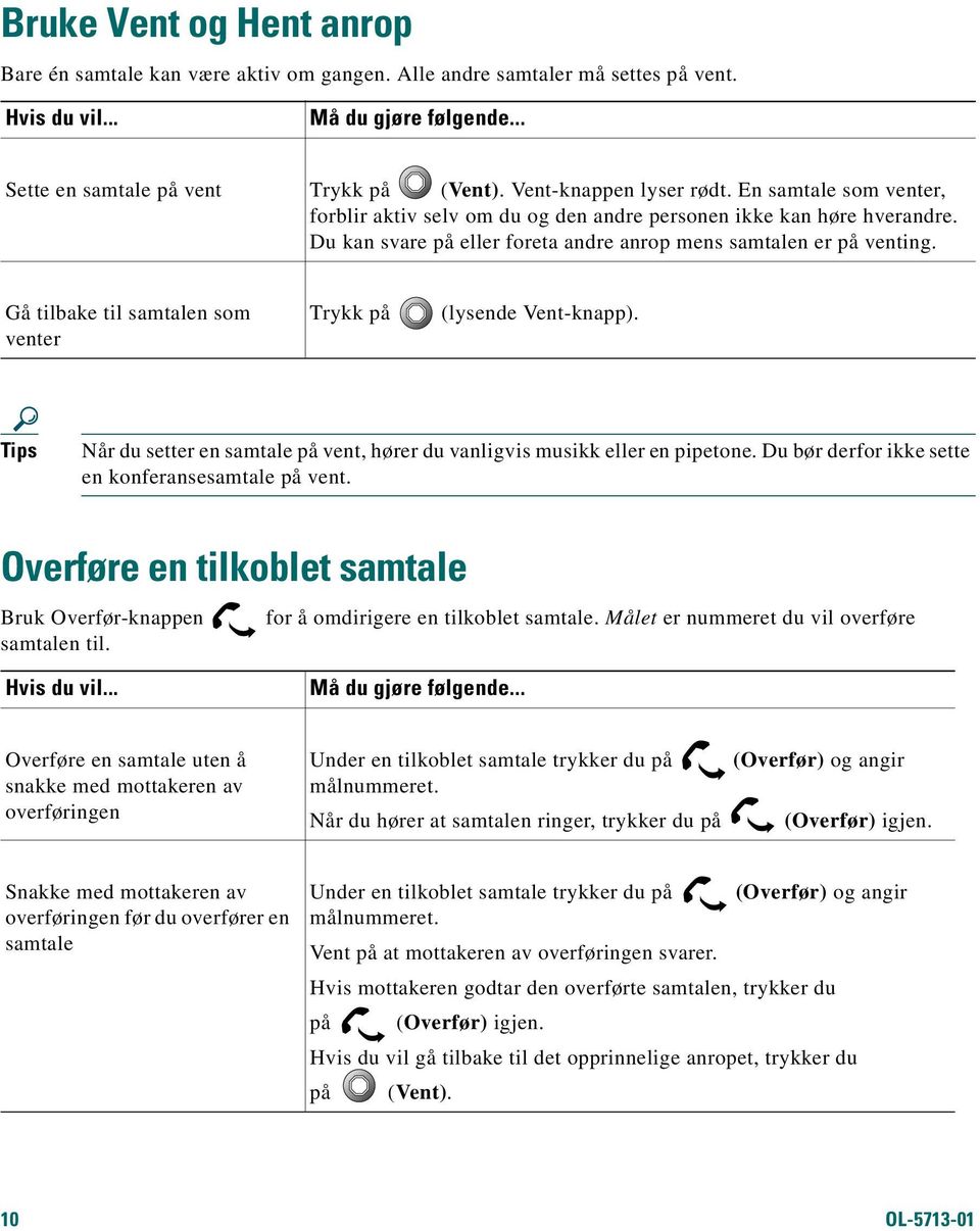 Gå tilbake til samtalen som venter Trykk på (lysende Vent-knapp). Tips Når du setter en samtale på vent, hører du vanligvis musikk eller en pipetone.